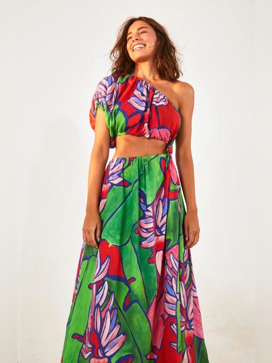 FARM Rio Dresses & Skirts - Farm Rio One Shoulder Open Waist Tropical Bunch Midi Dress Linen Blend Size M